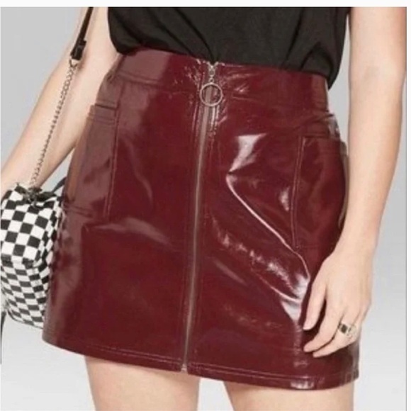 wild fable Dresses & Skirts - Wild fable Faux patent Leather zip front mini skirt grunge punk vegan Maroon M